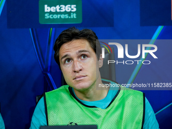 Federico Chiesa of Liverpool FC looks on during the UEFA Champions League 2024/25 League Phase MD1 match between AC Milan and Liverpool FC a...