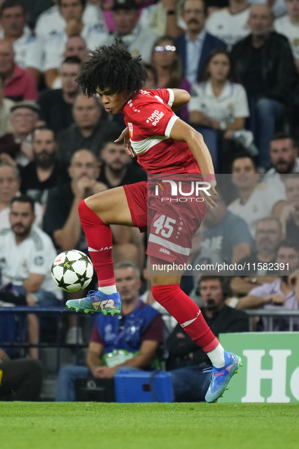 Anrie Chase centre-back of Stuttgart and Japan controls the ball during the UEFA Champions League 2024/25 League Phase MD1 match between Rea...