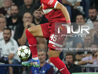 Anrie Chase centre-back of Stuttgart and Japan controls the ball during the UEFA Champions League 2024/25 League Phase MD1 match between Rea...