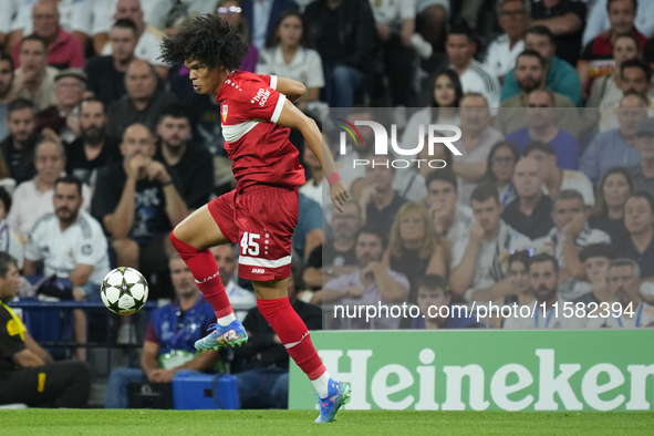 Anrie Chase centre-back of Stuttgart and Japan controls the ball during the UEFA Champions League 2024/25 League Phase MD1 match between Rea...