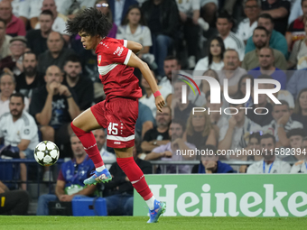 Anrie Chase centre-back of Stuttgart and Japan controls the ball during the UEFA Champions League 2024/25 League Phase MD1 match between Rea...