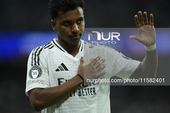 Rodrygo Goes right winger of Real Madrid and Brazil during the UEFA Champions League 2024/25 League Phase MD1 match between Real Madrid C.F....