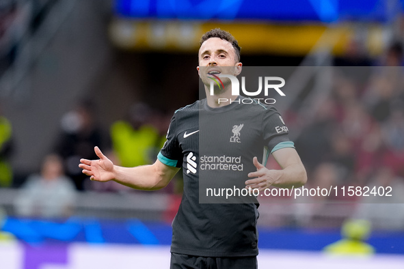 Diogo Jota of Liverpool FC reacts during the UEFA Champions League 2024/25 League Phase MD1 match between AC Milan and Liverpool FC at Stadi...