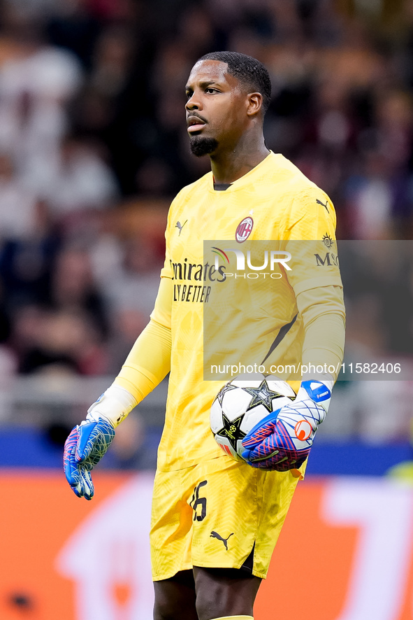 Mike Maignan of AC Milan looks on during the UEFA Champions League 2024/25 League Phase MD1 match between AC Milan and Liverpool FC at Stadi...