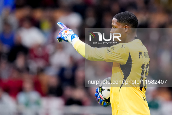 Mike Maignan of AC Milan looks on during the UEFA Champions League 2024/25 League Phase MD1 match between AC Milan and Liverpool FC at Stadi...