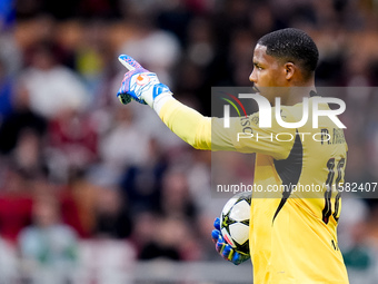 Mike Maignan of AC Milan looks on during the UEFA Champions League 2024/25 League Phase MD1 match between AC Milan and Liverpool FC at Stadi...