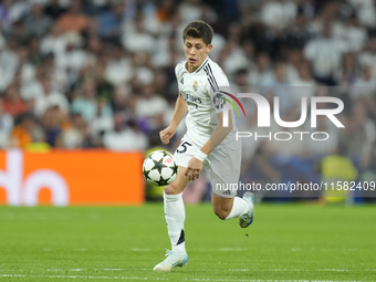 Arda Guler attacking midfield of Real Madrid and Turkey during the UEFA Champions League 2024/25 League Phase MD1 match between Real Madrid...