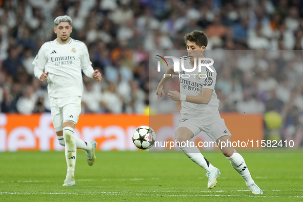 Arda Guler attacking midfield of Real Madrid and Turkey during the UEFA Champions League 2024/25 League Phase MD1 match between Real Madrid...