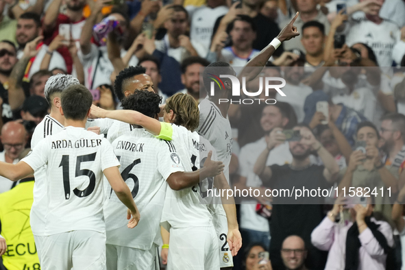 Antonio Rudiger centre-back of Real Madrid and Germany celebrates after scoring his sides first goal during the UEFA Champions League 2024/2...