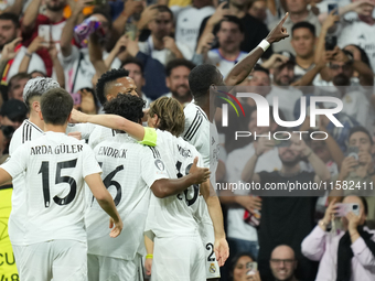 Antonio Rudiger centre-back of Real Madrid and Germany celebrates after scoring his sides first goal during the UEFA Champions League 2024/2...