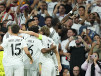 Antonio Rudiger centre-back of Real Madrid and Germany celebrates after scoring his sides first goal during the UEFA Champions League 2024/2...