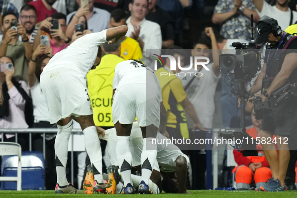 Antonio Rudiger centre-back of Real Madrid and Germany celebrates after scoring his sides first goal during the UEFA Champions League 2024/2...