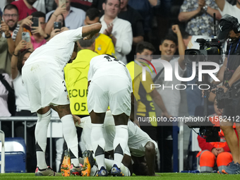 Antonio Rudiger centre-back of Real Madrid and Germany celebrates after scoring his sides first goal during the UEFA Champions League 2024/2...