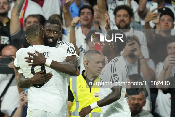 Antonio Rudiger centre-back of Real Madrid and Germany celebrates after scoring his sides first goal during the UEFA Champions League 2024/2...