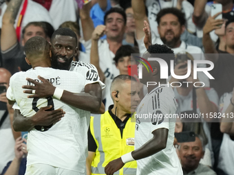 Antonio Rudiger centre-back of Real Madrid and Germany celebrates after scoring his sides first goal during the UEFA Champions League 2024/2...