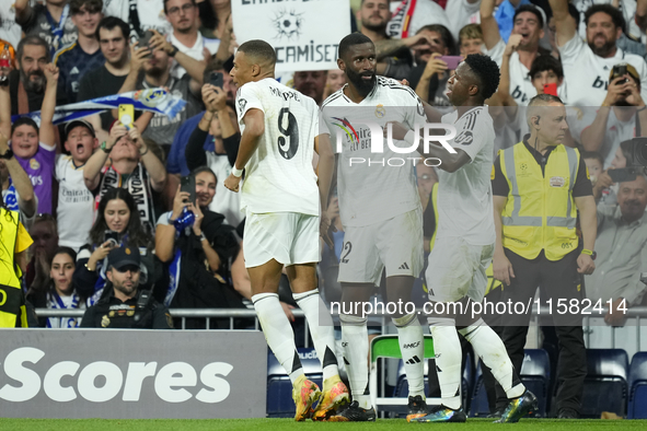 Antonio Rudiger centre-back of Real Madrid and Germany celebrates after scoring his sides first goal during the UEFA Champions League 2024/2...