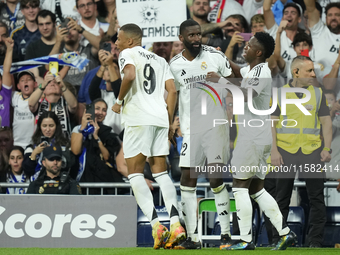 Antonio Rudiger centre-back of Real Madrid and Germany celebrates after scoring his sides first goal during the UEFA Champions League 2024/2...