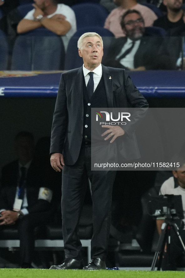 Carlo Ancelotti head coach of Real Madrid during the UEFA Champions League 2024/25 League Phase MD1 match between Real Madrid C.F. and VfB S...