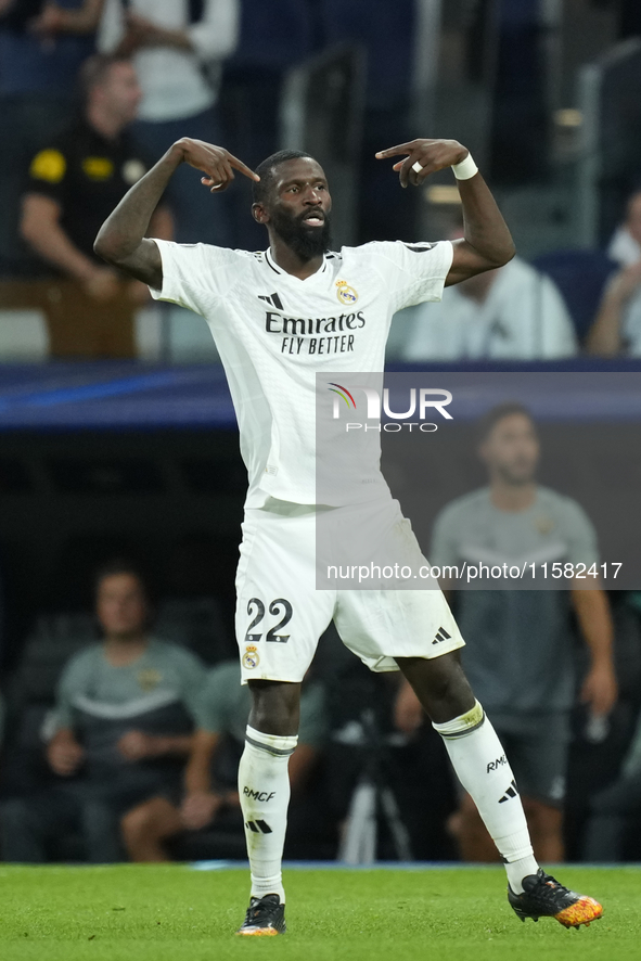 Antonio Rudiger centre-back of Real Madrid and Germanycelebrates after scoring his sides first goal during the UEFA Champions League 2024/25...