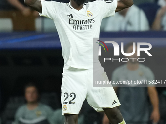 Antonio Rudiger centre-back of Real Madrid and Germanycelebrates after scoring his sides first goal during the UEFA Champions League 2024/25...