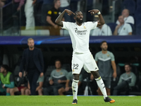 Antonio Rudiger centre-back of Real Madrid and Germanycelebrates after scoring his sides first goal during the UEFA Champions League 2024/25...