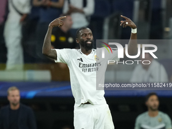 Antonio Rudiger centre-back of Real Madrid and Germanycelebrates after scoring his sides first goal during the UEFA Champions League 2024/25...