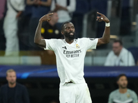 Antonio Rudiger centre-back of Real Madrid and Germanycelebrates after scoring his sides first goal during the UEFA Champions League 2024/25...