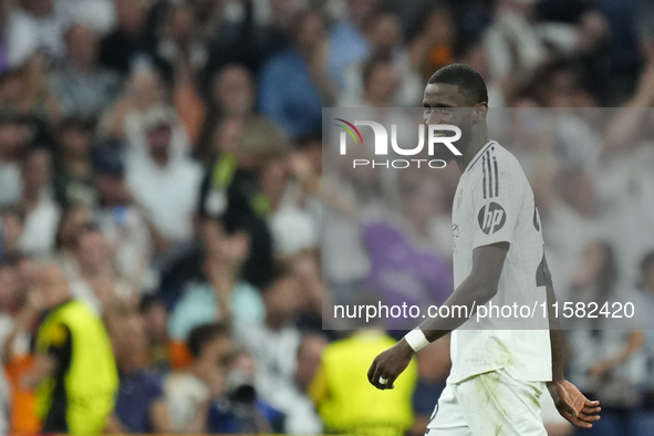 Antonio Rudiger centre-back of Real Madrid and Germanycelebrates after scoring his sides first goal during the UEFA Champions League 2024/25...