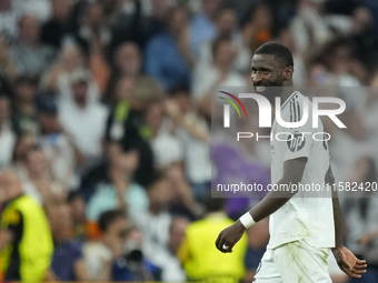 Antonio Rudiger centre-back of Real Madrid and Germanycelebrates after scoring his sides first goal during the UEFA Champions League 2024/25...