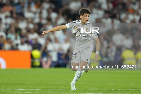 Arda Guler attacking midfield of Real Madrid and Turkey during the UEFA Champions League 2024/25 League Phase MD1 match between Real Madrid...