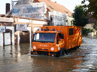 Emergency workers are patroling the town after Nysa Klodzka river flooded town of Lewin Brzeski in southwestern Poland, on September 17th, 2...