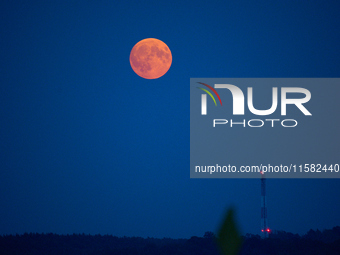 The Harvest Moon full moon is seen in the night sky over Frankfurt an der Oder, Germany on 17 September, 2024. (