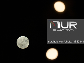 Small lights in a tree by a restaurant are seen with the Harvest Moon in the night sky over Frankfurt an der Oder, Germany on 17 September,...