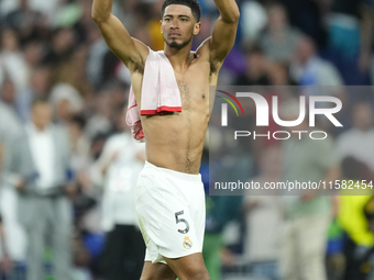 Jude Bellingham central midfield of Real Madrid and England celebrates victory after the UEFA Champions League 2024/25 League Phase MD1 matc...