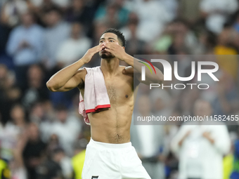 Jude Bellingham central midfield of Real Madrid and England celebrates victory after the UEFA Champions League 2024/25 League Phase MD1 matc...