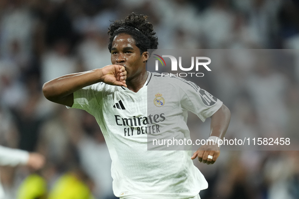 Endrick centre-forward of Real Madrid and Brazil celebrates after scoring his sides first goal during the UEFA Champions League 2024/25 Leag...