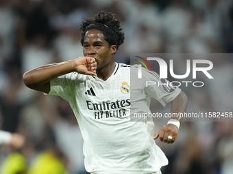 Endrick centre-forward of Real Madrid and Brazil celebrates after scoring his sides first goal during the UEFA Champions League 2024/25 Leag...