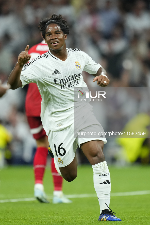 Endrick centre-forward of Real Madrid and Brazil celebrates after scoring his sides first goal during the UEFA Champions League 2024/25 Leag...