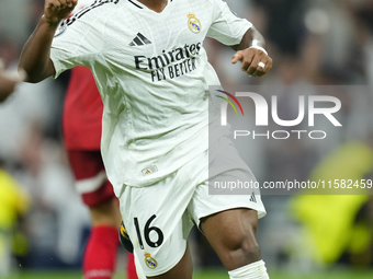 Endrick centre-forward of Real Madrid and Brazil celebrates after scoring his sides first goal during the UEFA Champions League 2024/25 Leag...