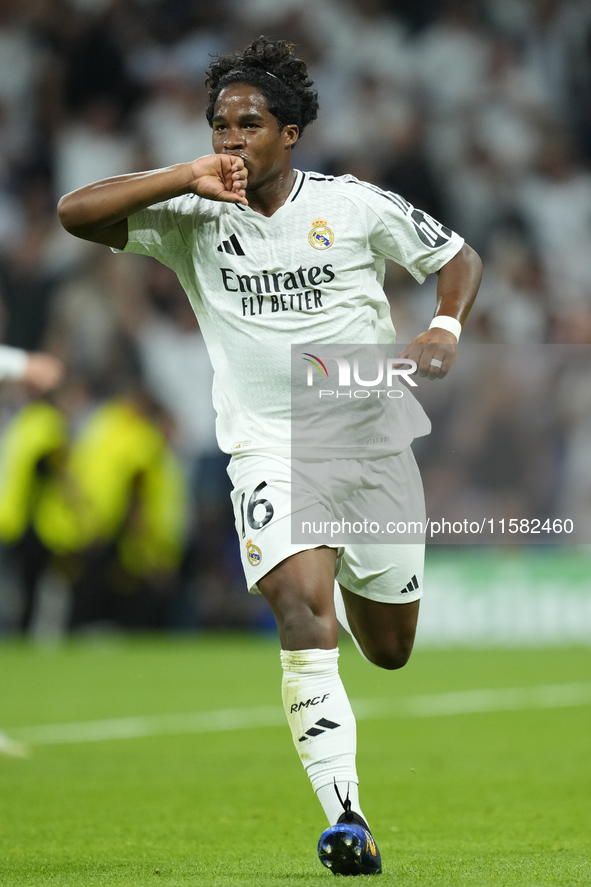 Endrick centre-forward of Real Madrid and Brazil celebrates after scoring his sides first goal during the UEFA Champions League 2024/25 Leag...