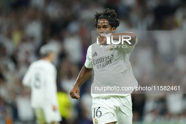 Endrick centre-forward of Real Madrid and Brazil celebrates after scoring his sides first goal during the UEFA Champions League 2024/25 Leag...