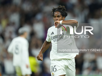 Endrick centre-forward of Real Madrid and Brazil celebrates after scoring his sides first goal during the UEFA Champions League 2024/25 Leag...