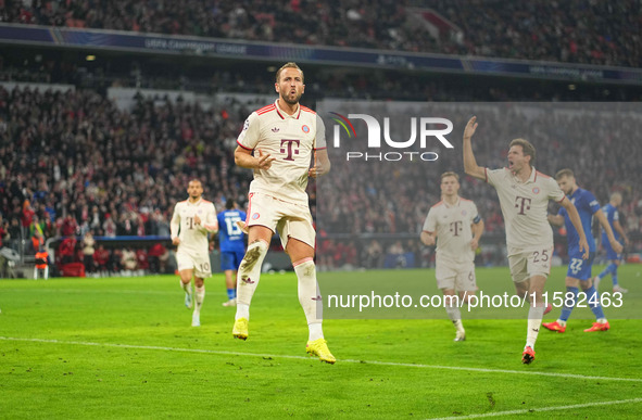 Harry Kane of Bayern Munich    celebrates  the teams sixth goal  during the Champions League Round 1 match between Bayern Munich v Dinamo Za...