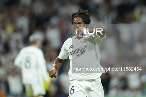 Endrick centre-forward of Real Madrid and Brazil celebrates after scoring his sides first goal during the UEFA Champions League 2024/25 Leag...