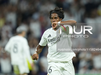 Endrick centre-forward of Real Madrid and Brazil celebrates after scoring his sides first goal during the UEFA Champions League 2024/25 Leag...