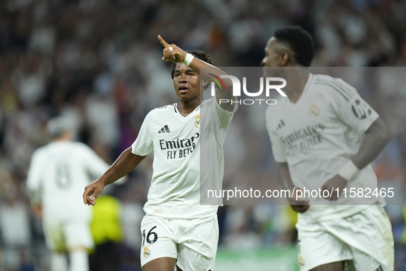 Endrick centre-forward of Real Madrid and Brazil celebrates after scoring his sides first goal during the UEFA Champions League 2024/25 Leag...