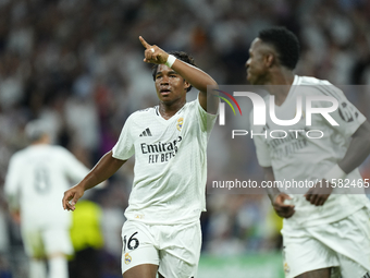 Endrick centre-forward of Real Madrid and Brazil celebrates after scoring his sides first goal during the UEFA Champions League 2024/25 Leag...