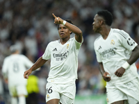 Endrick centre-forward of Real Madrid and Brazil celebrates after scoring his sides first goal during the UEFA Champions League 2024/25 Leag...