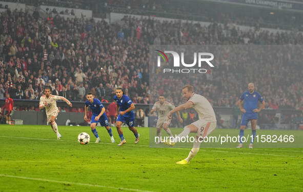 Harry Kane of Bayern Munich    scores the teams seventh goal  during the Champions League Round 1 match between Bayern Munich v Dinamo Zagre...