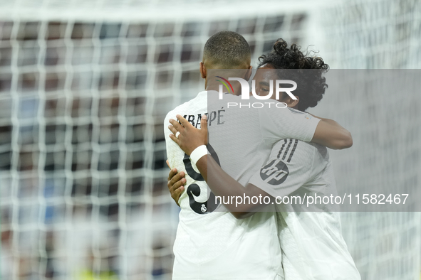 Endrick centre-forward of Real Madrid and Brazil celebrates after scoring his sides first goal during the UEFA Champions League 2024/25 Leag...